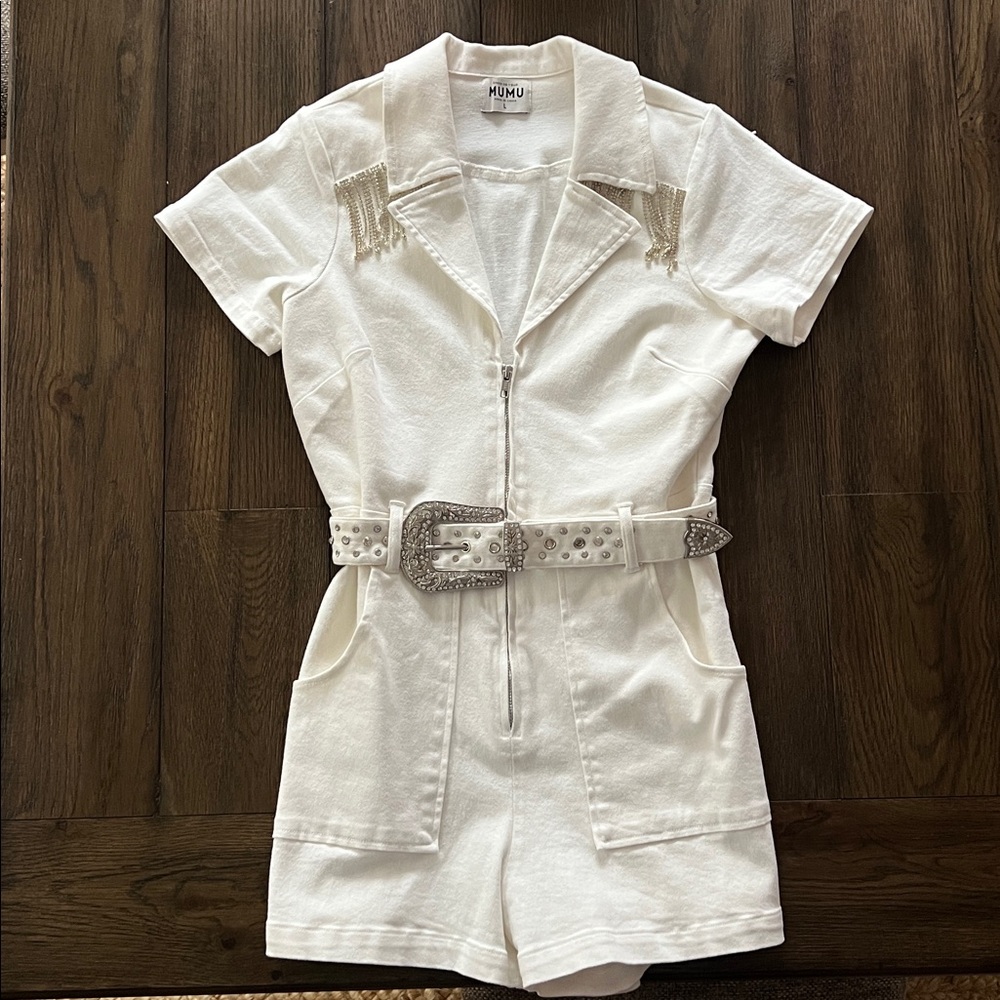 Show Me Your Mumu Outlaw Romper – White Denim Rhinestone Fringe